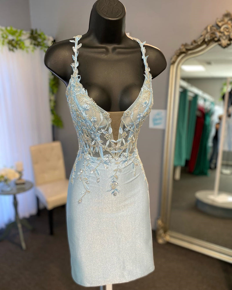 Light Blue Appliques Tight Mini Dress