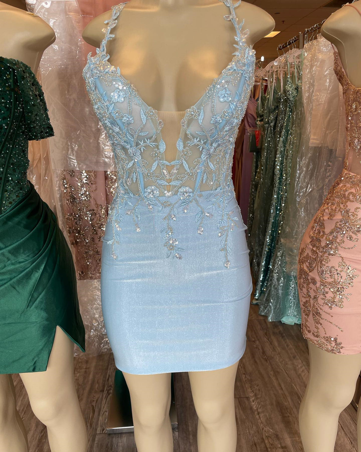 Light Blue Appliques Tight Mini Dress