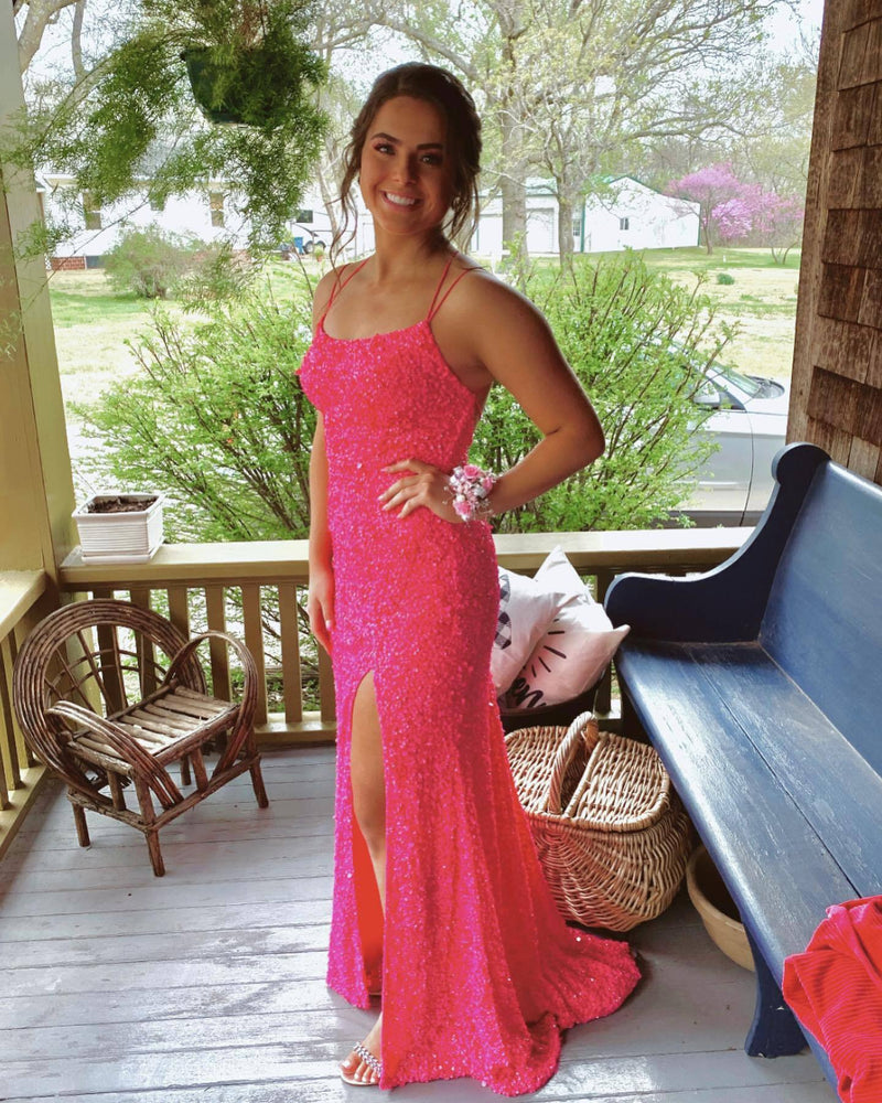 Light Blue Sequins Mermaid Side Slit Long Prom Dress