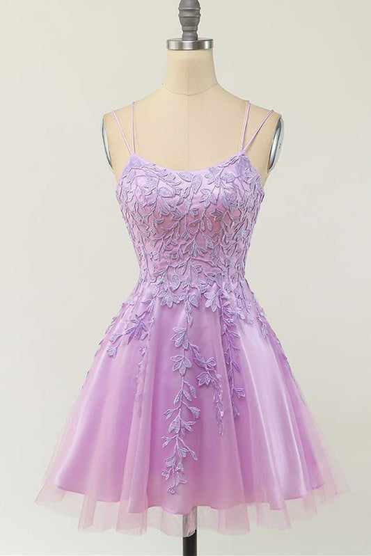 Light Purple Lace Appliques Short A-line Homecoming Dress 