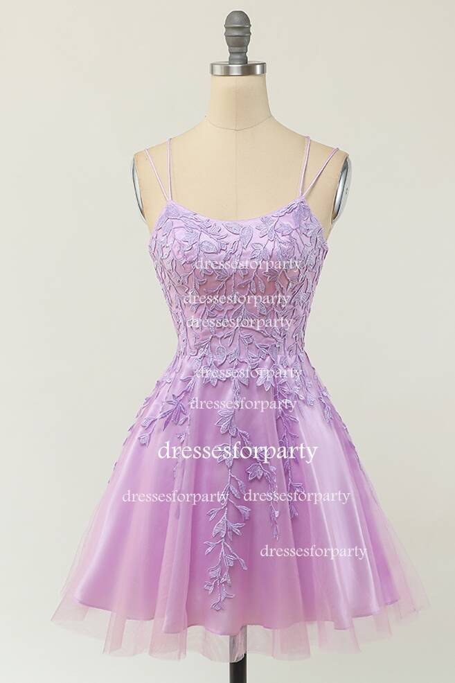 Light Purple Lace Appliques Short A-line Homecoming Dress 