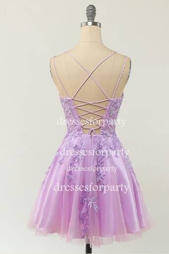 Light Purple Lace Appliques Short A-line Homecoming Dress 