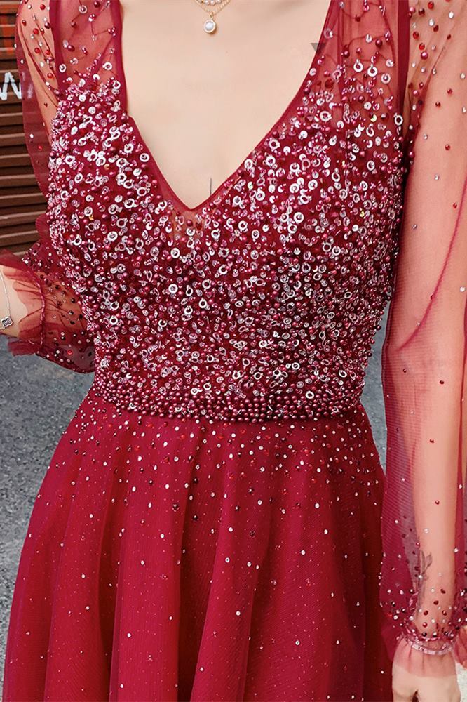 Long Sleeves A-line Red Long Evening Dress 