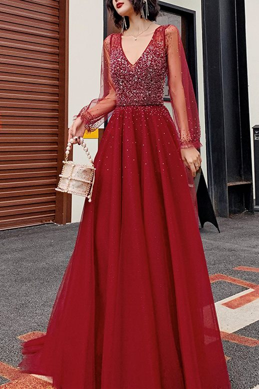 Long Sleeves A-line Red Long Evening Dress 