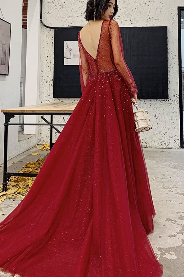Long Sleeves A-line Red Long Evening Dress 