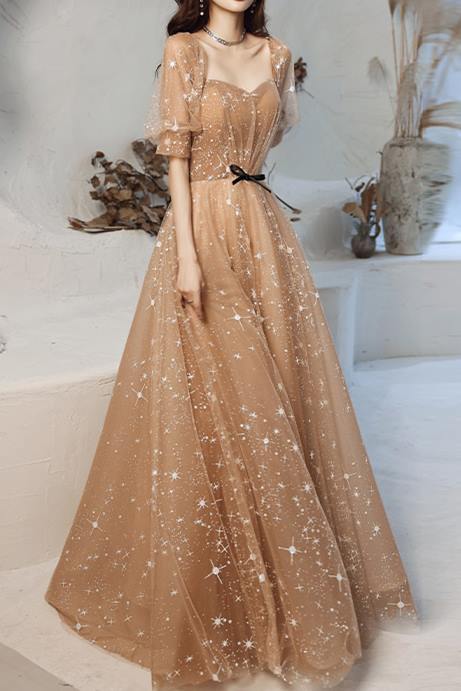 Long Sleeves Champagne Long Evening Dress