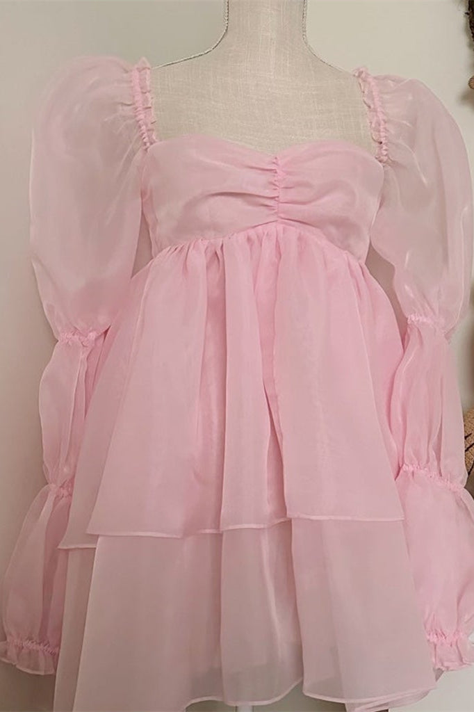 Long Sleeves Pink Princess Ruffle Dress