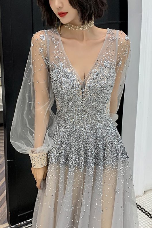 Luxurious Long Sleeves Silver Sequins Long Evening Dress