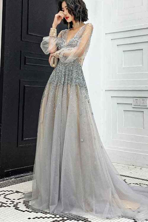 Luxurious Long Sleeves Silver Sequins Long Evening Dress