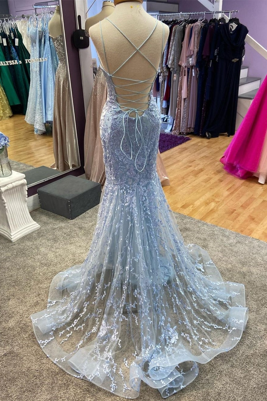 Mermaid Yellow Lace Appliques Straps Long Prom Dress