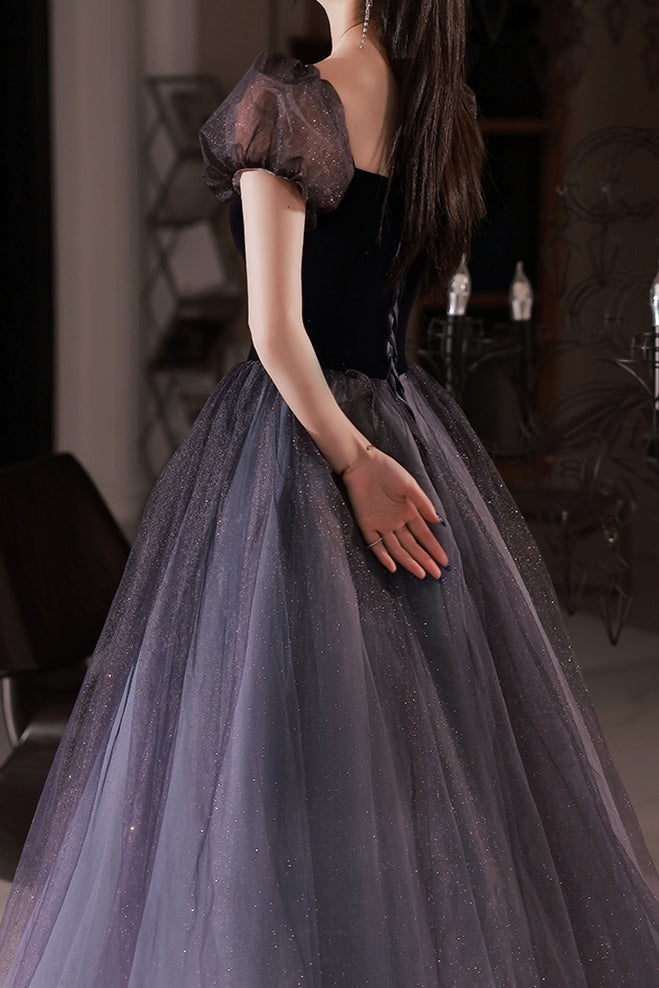 Navy Blue A-line Short Puffy Sleeves Princess Long Dress Dressesforparty Navy Blue A-line Short Puffy Sleeves Princess Long Dress Dressesforparty