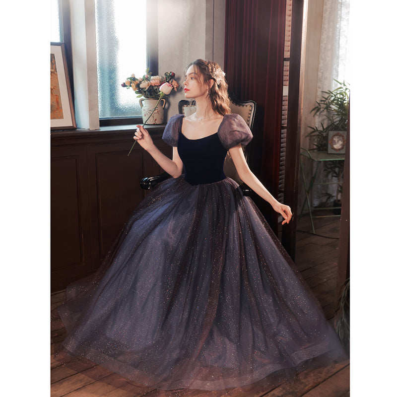 Navy Blue A-line Short Puffy Sleeves Princess Long Dress Dressesforparty Navy Blue A-line Short Puffy Sleeves Princess Long Dress Dressesforparty