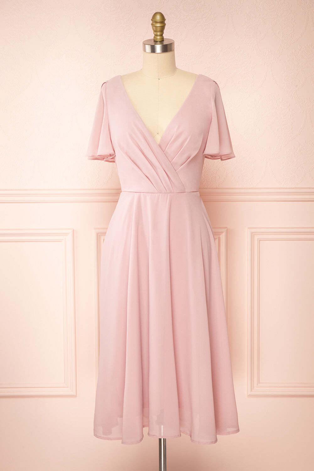 Pink Chiffon A-line Short Bridesmaid Dress with Flutter Sleeves