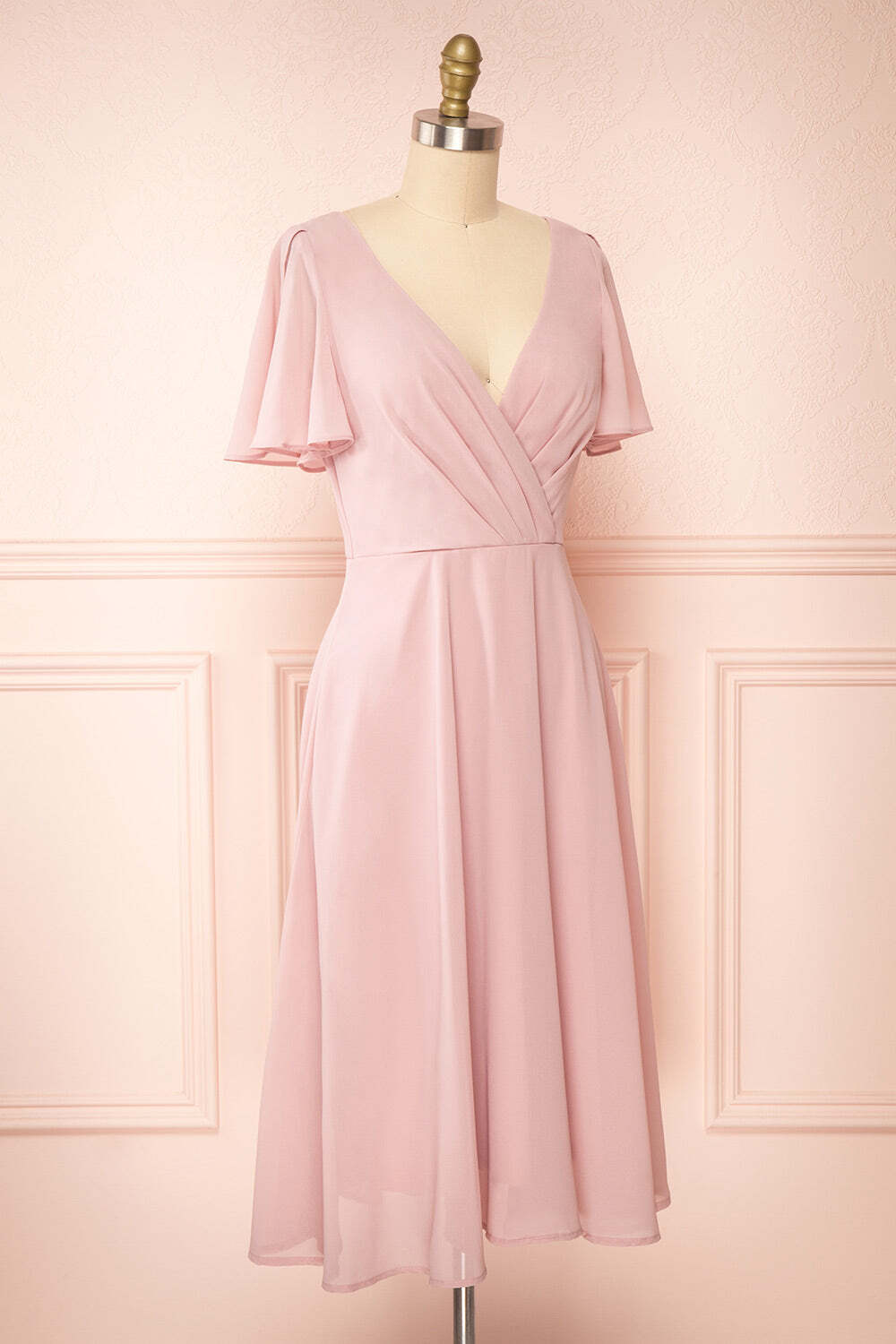 Pink Chiffon A-line Short Bridesmaid Dress with Flutter Sleeves