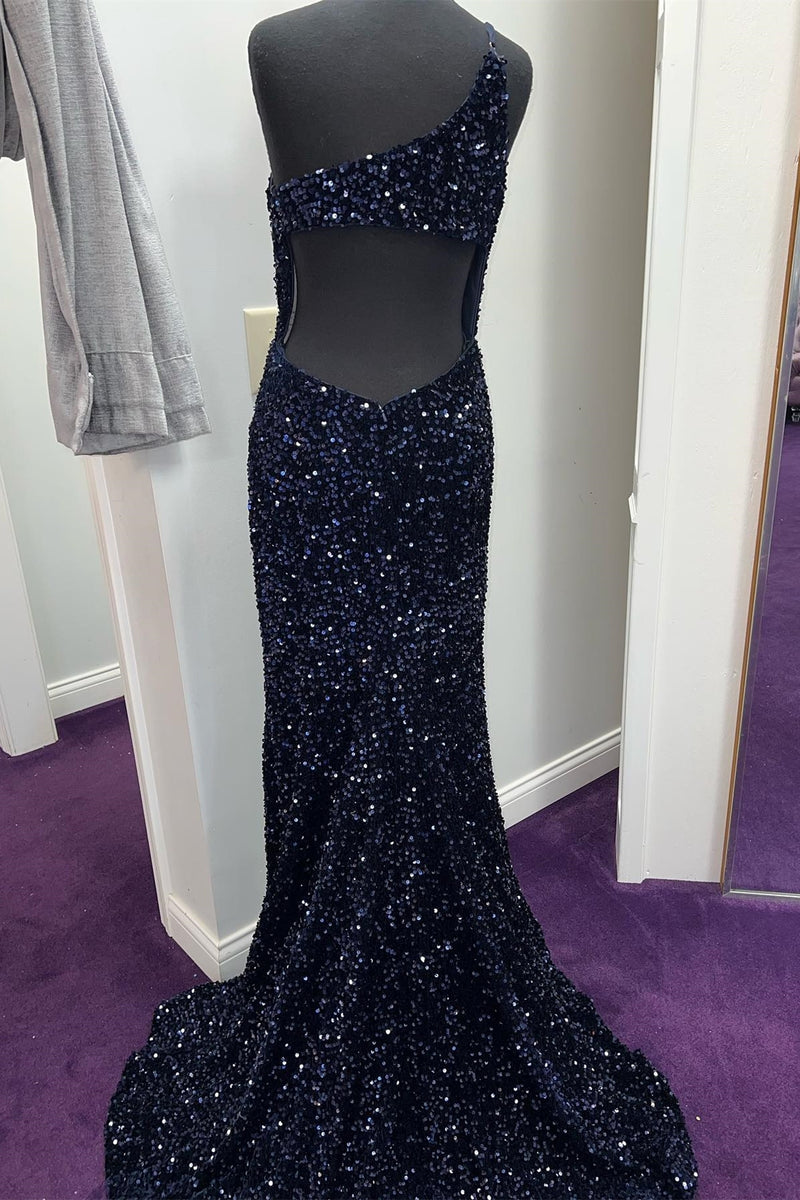 Navy Blue Sequin One Shoulder Mermaid Long Formal Dress
