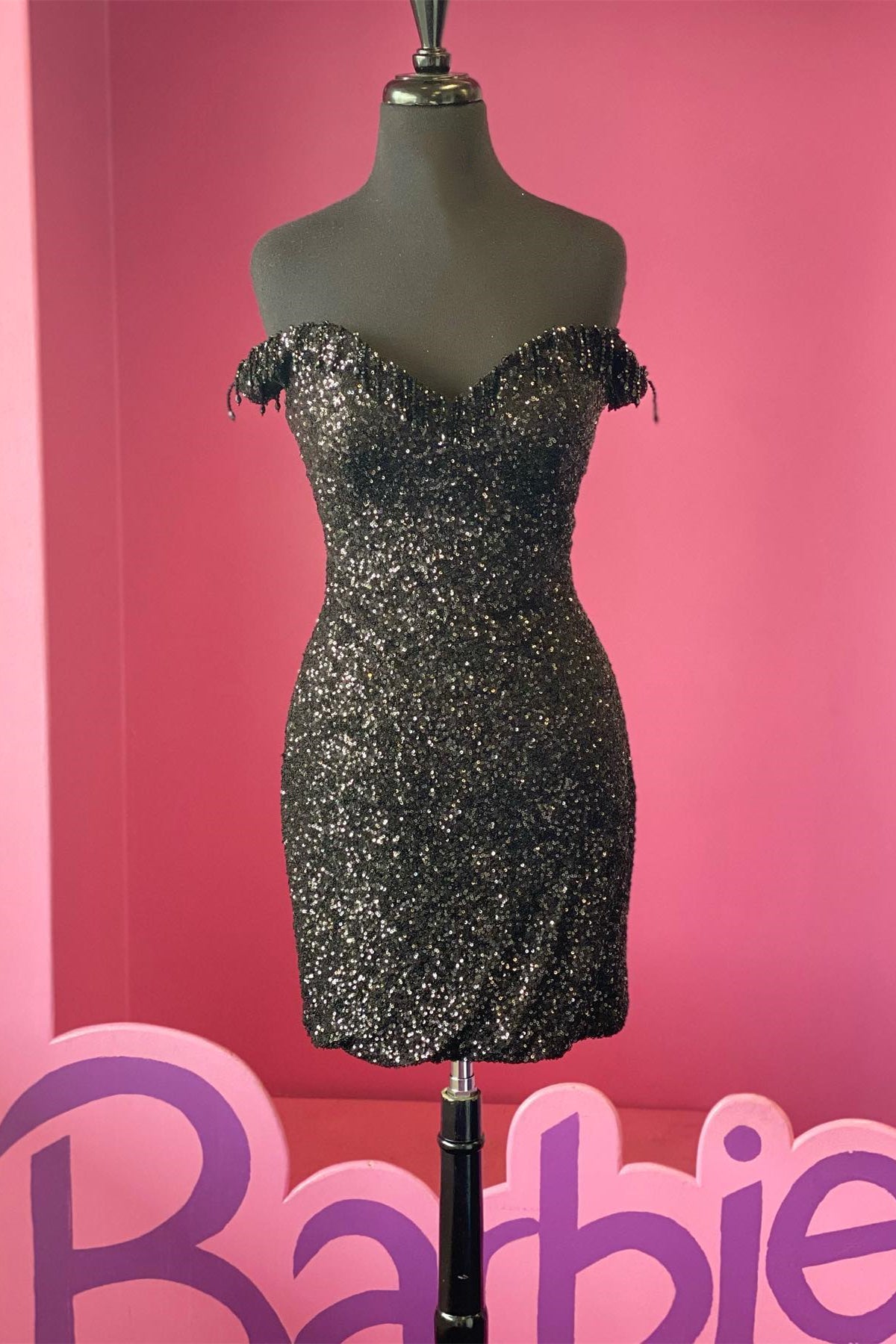 Off the Shoulder Black Sequin Tight Mini Dress