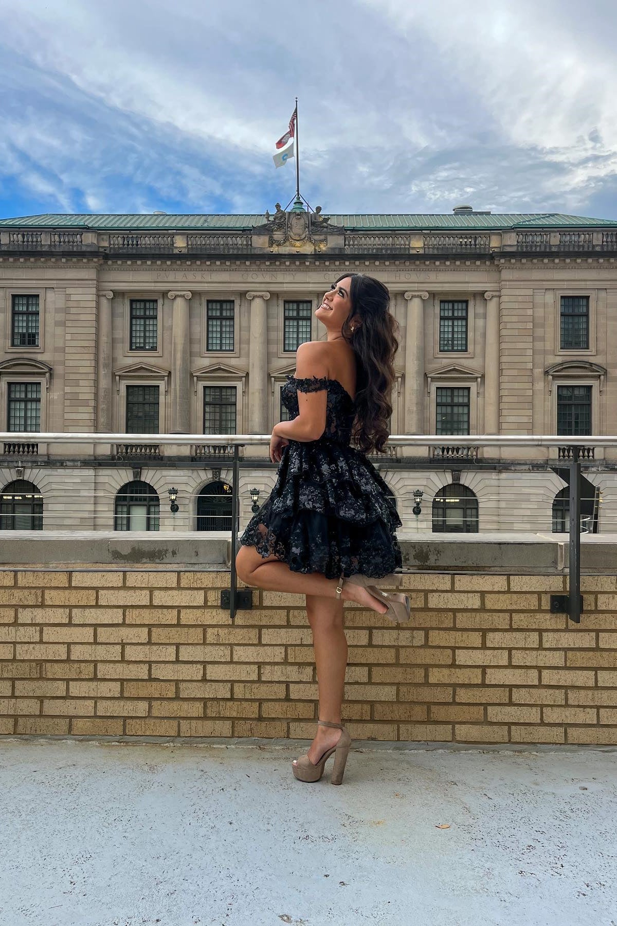 Off the Shoulder Black Tiered Ruffle A-line Homecoming Dress