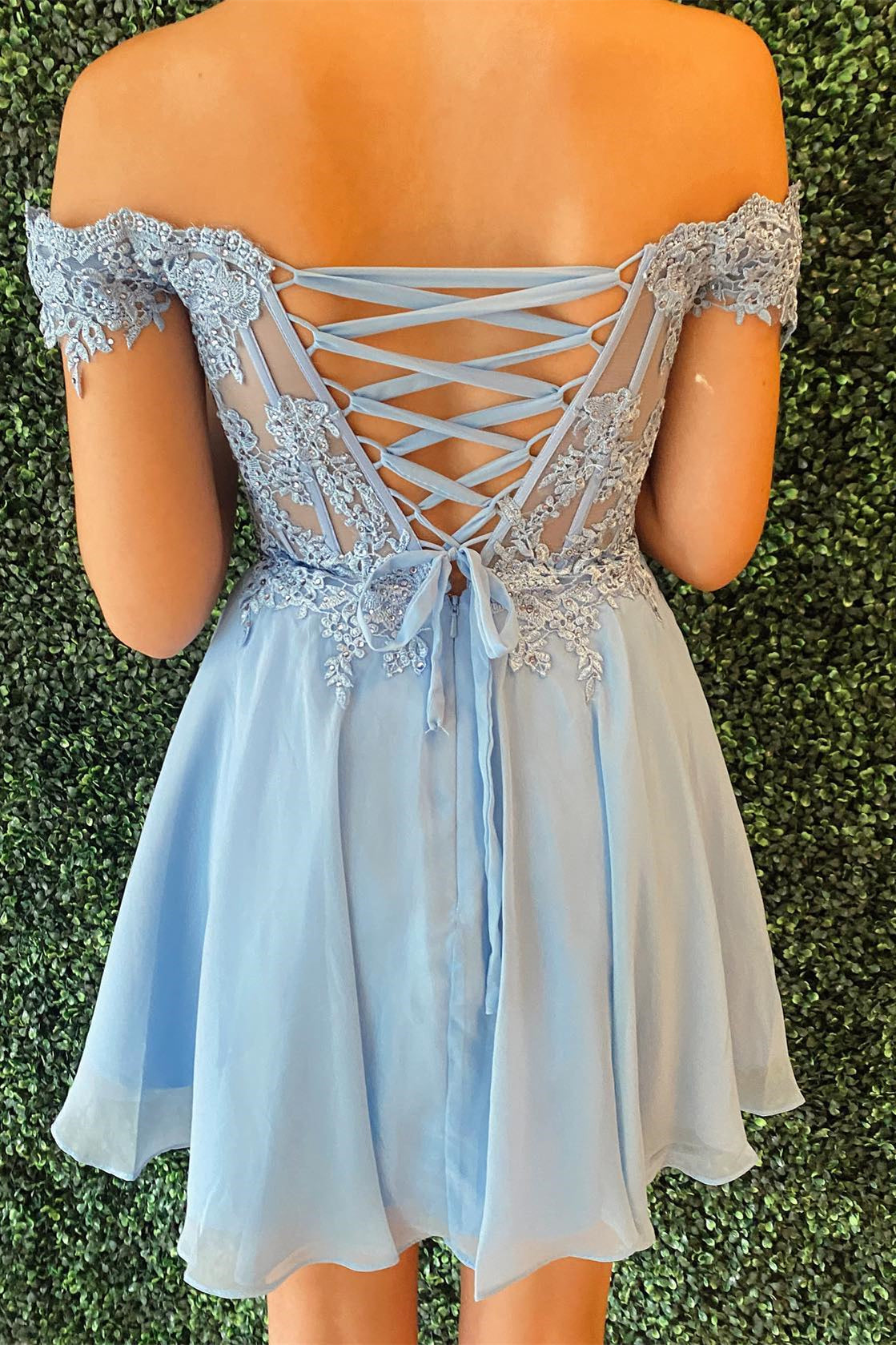 Off the Shoulder Blue Appliques Chiffon Short Homecoming Dress