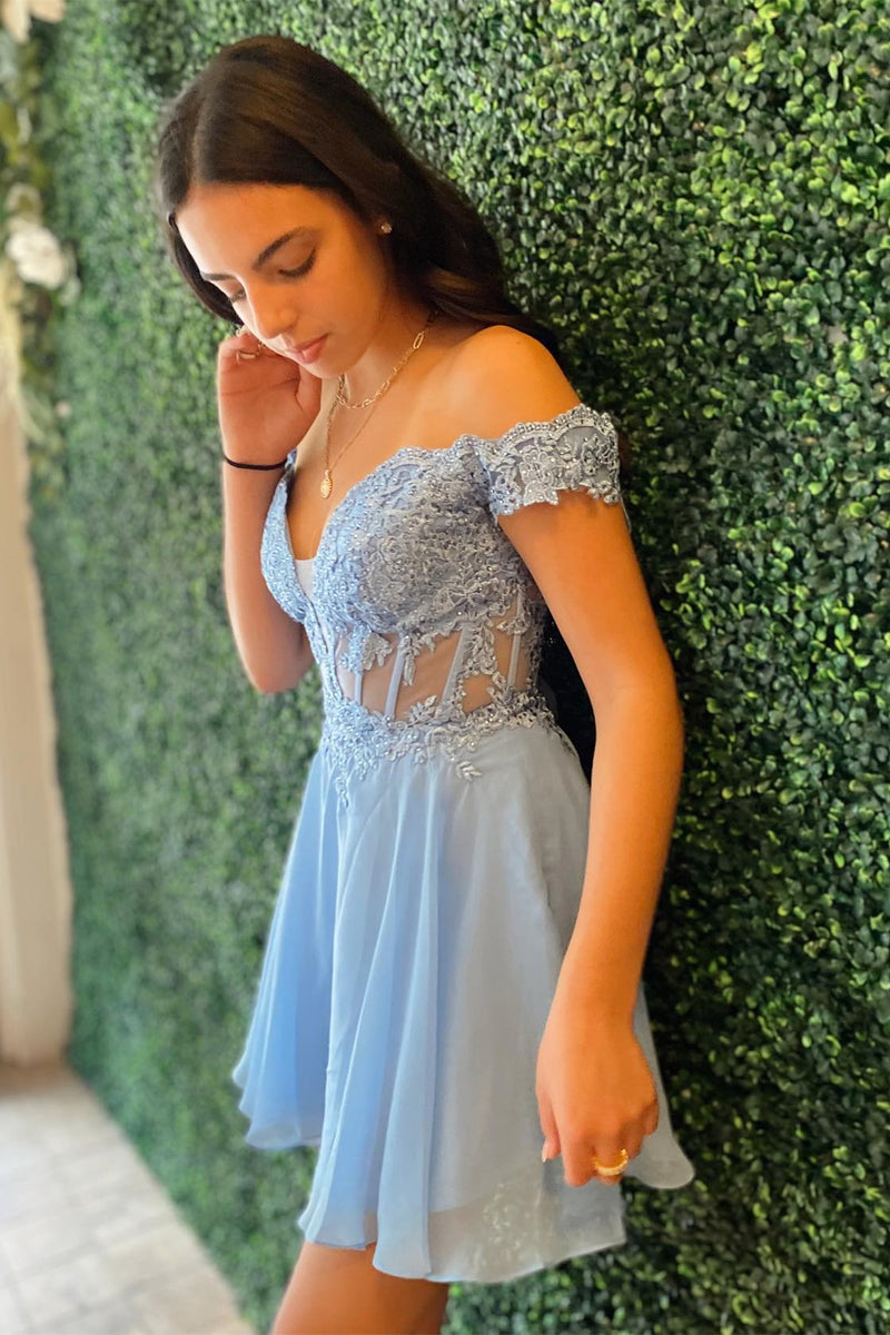 Off the Shoulder Blue Appliques Chiffon Short Homecoming Dress