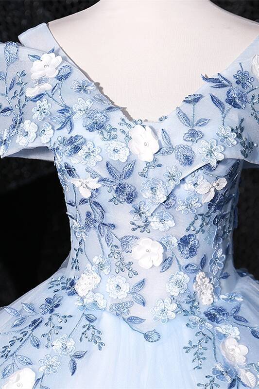 Off the Shoulder Blue Ball Gown with 3D Flowers