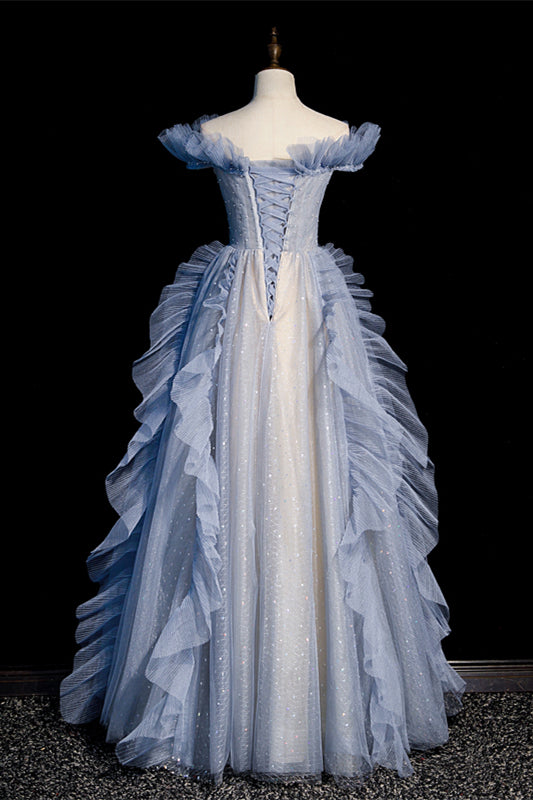 Off the Shoulder Blue Ruffles Long Formal Dress