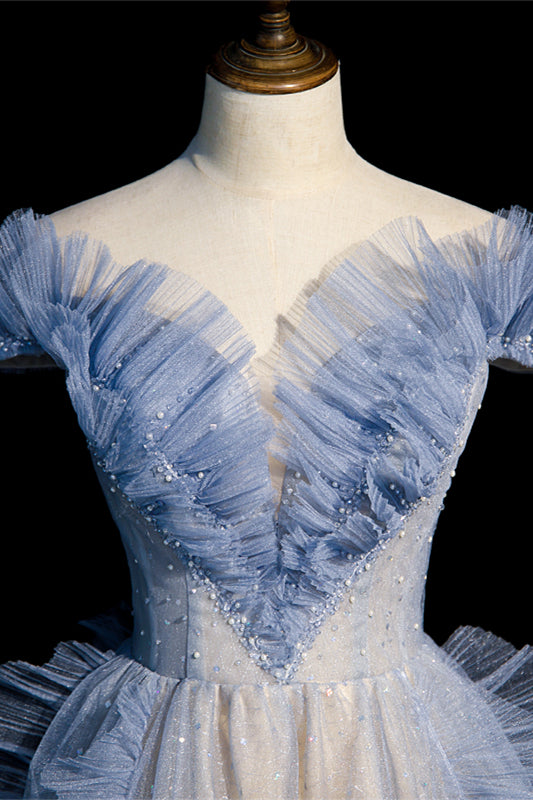Off the Shoulder Blue Ruffles Long Formal Dress