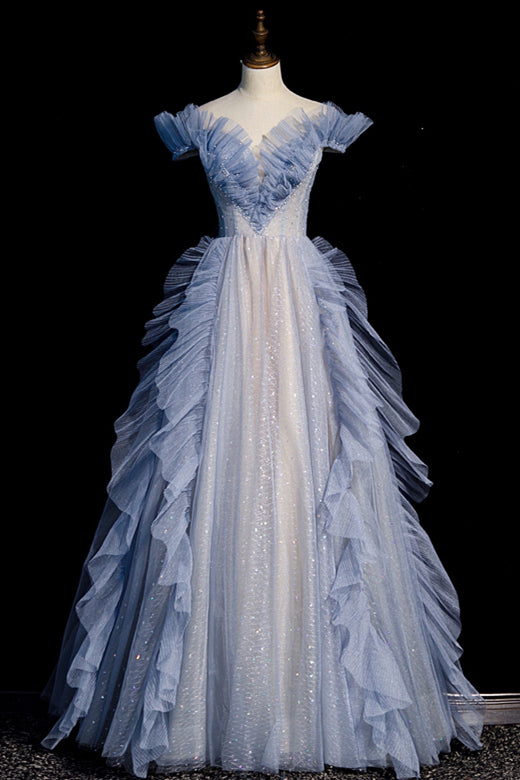 Off the Shoulder Blue Ruffles Long Formal Dress