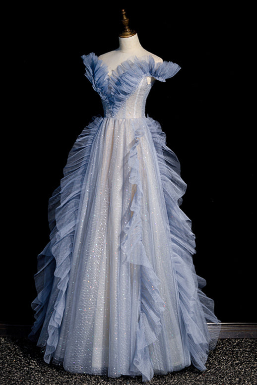 Off the Shoulder Blue Ruffles Long Formal Dress