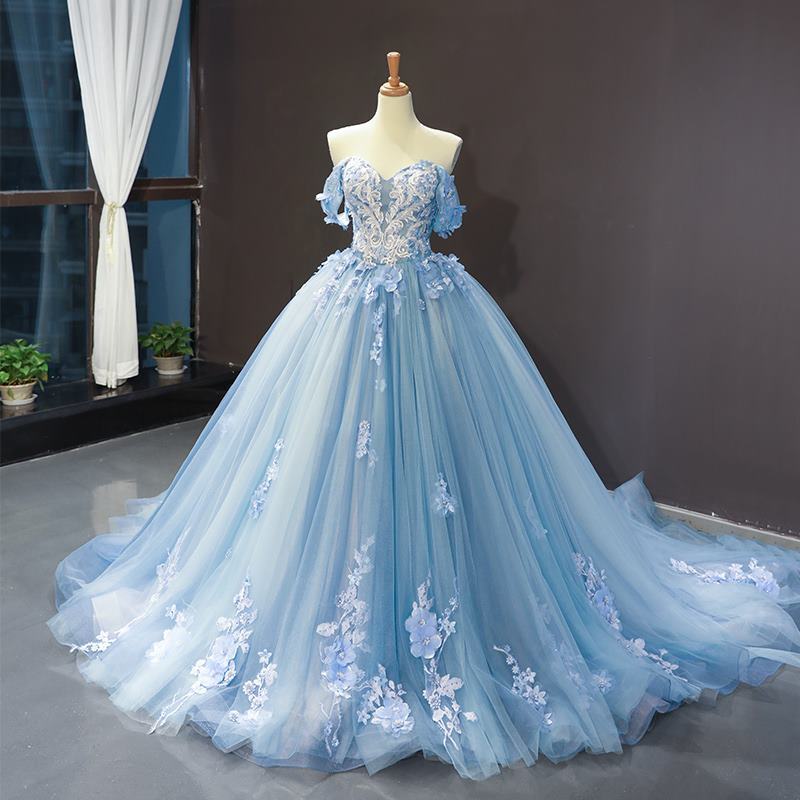 Off the Shoulder Blue Tulle Ball Gown 