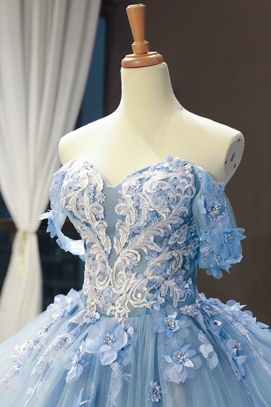 Off the Shoulder Blue Tulle Ball Gown 