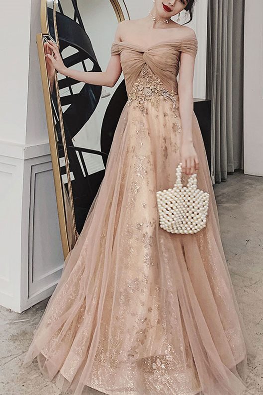 Off the Shoulder Champagne Long Formal Dress