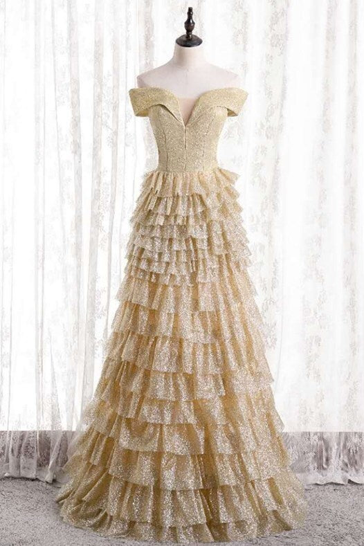 Off the Shoulder Champagne Tiered Long Formal Dress