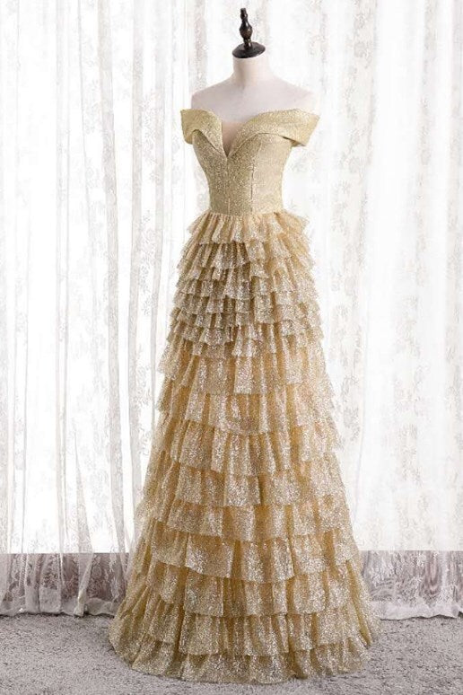 Off the Shoulder Champagne Tiered Long Formal Dress