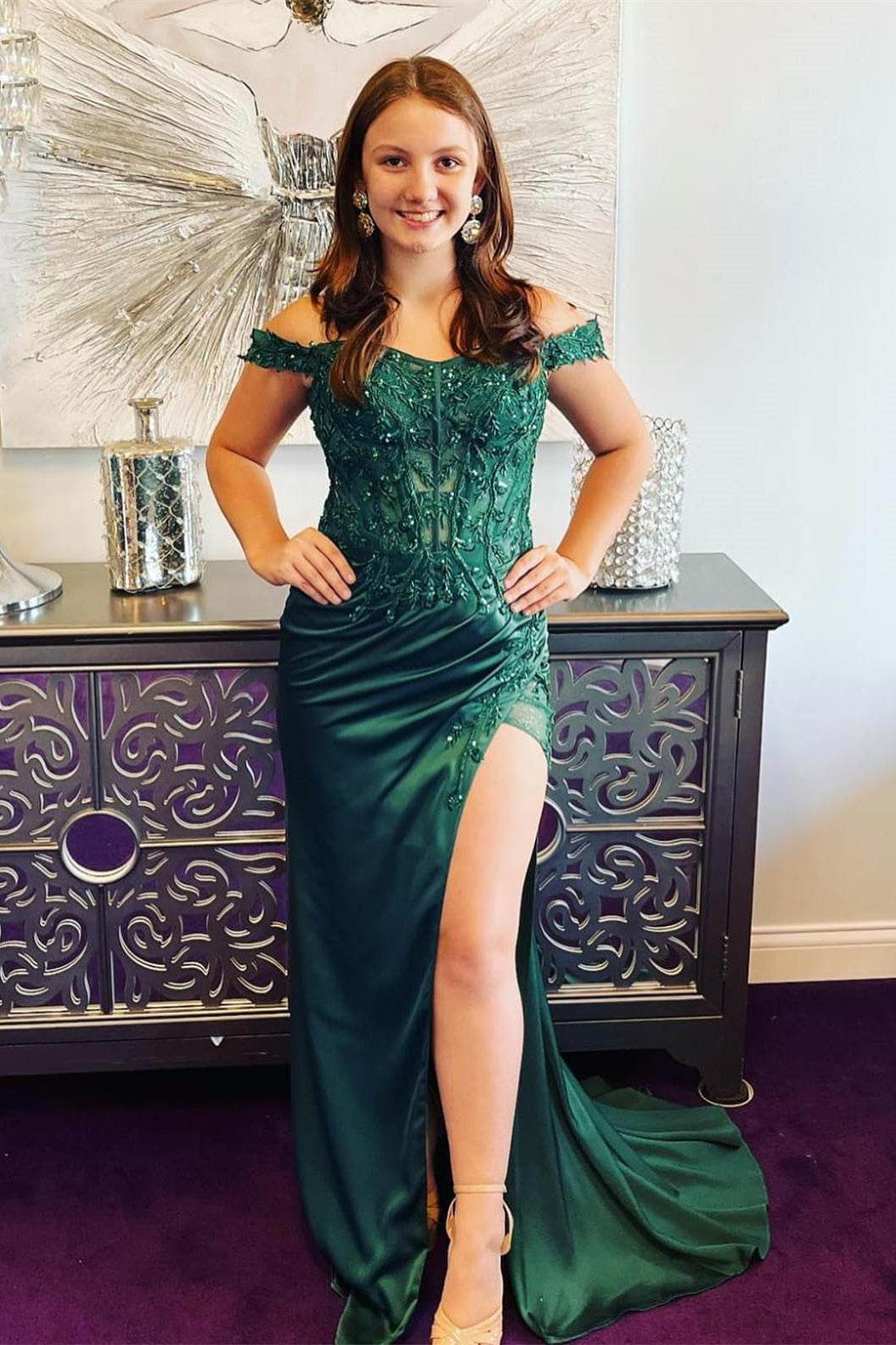 Off the Shoulder Dark Green Appliques Mermaid Long Formal Dress