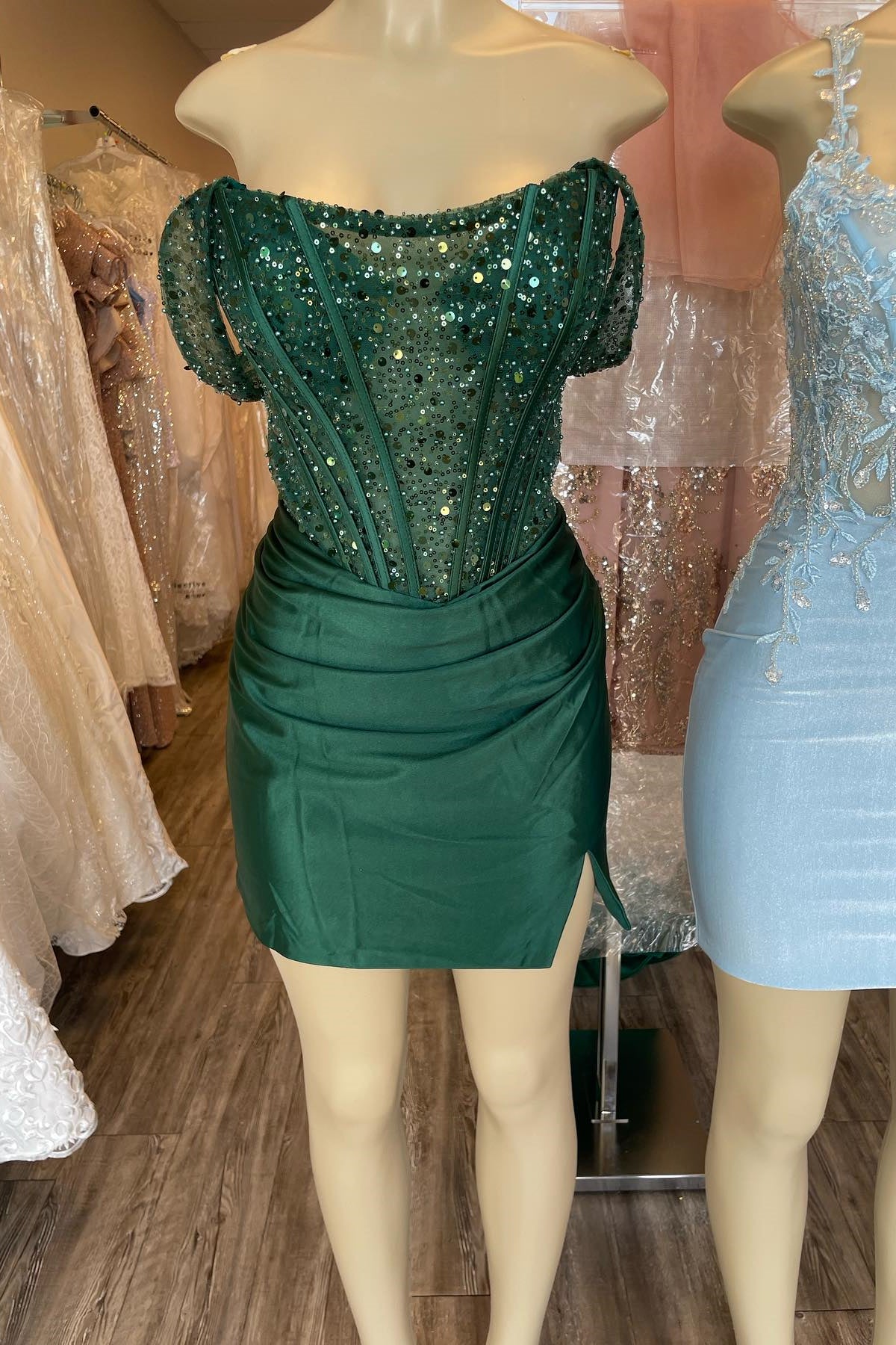 Off the Shoulder Dark Green Satin Mini Dress