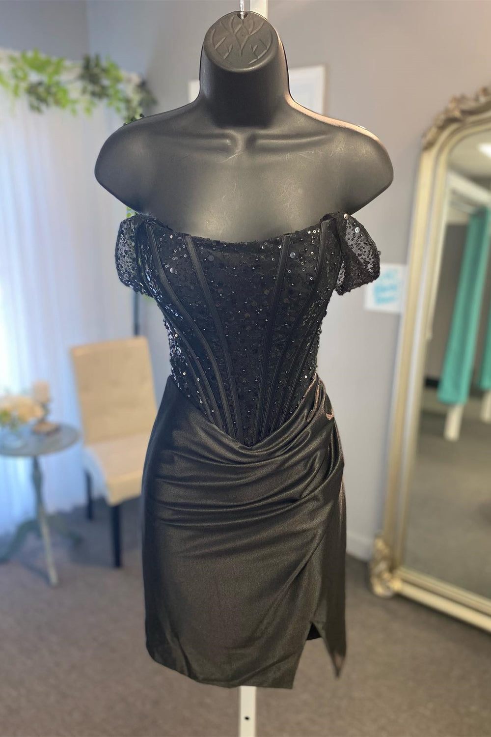 Off The Shoulder Green Satin Evening Dress s16