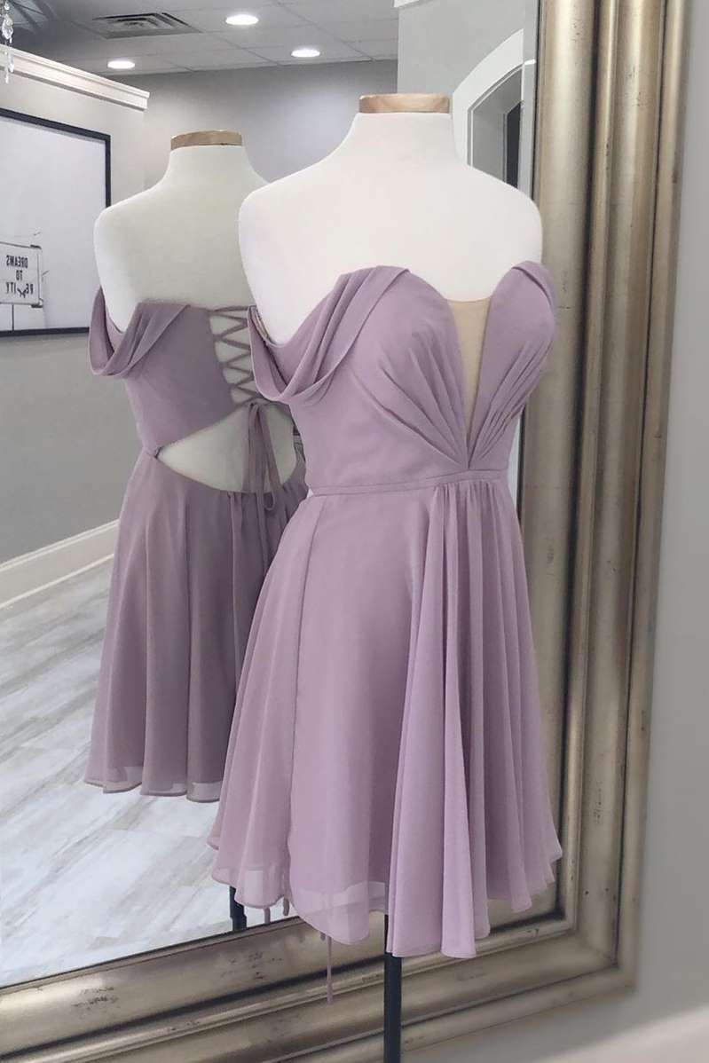 Off the Shoulder Dusty Pink Chiffon Homecoming Dress