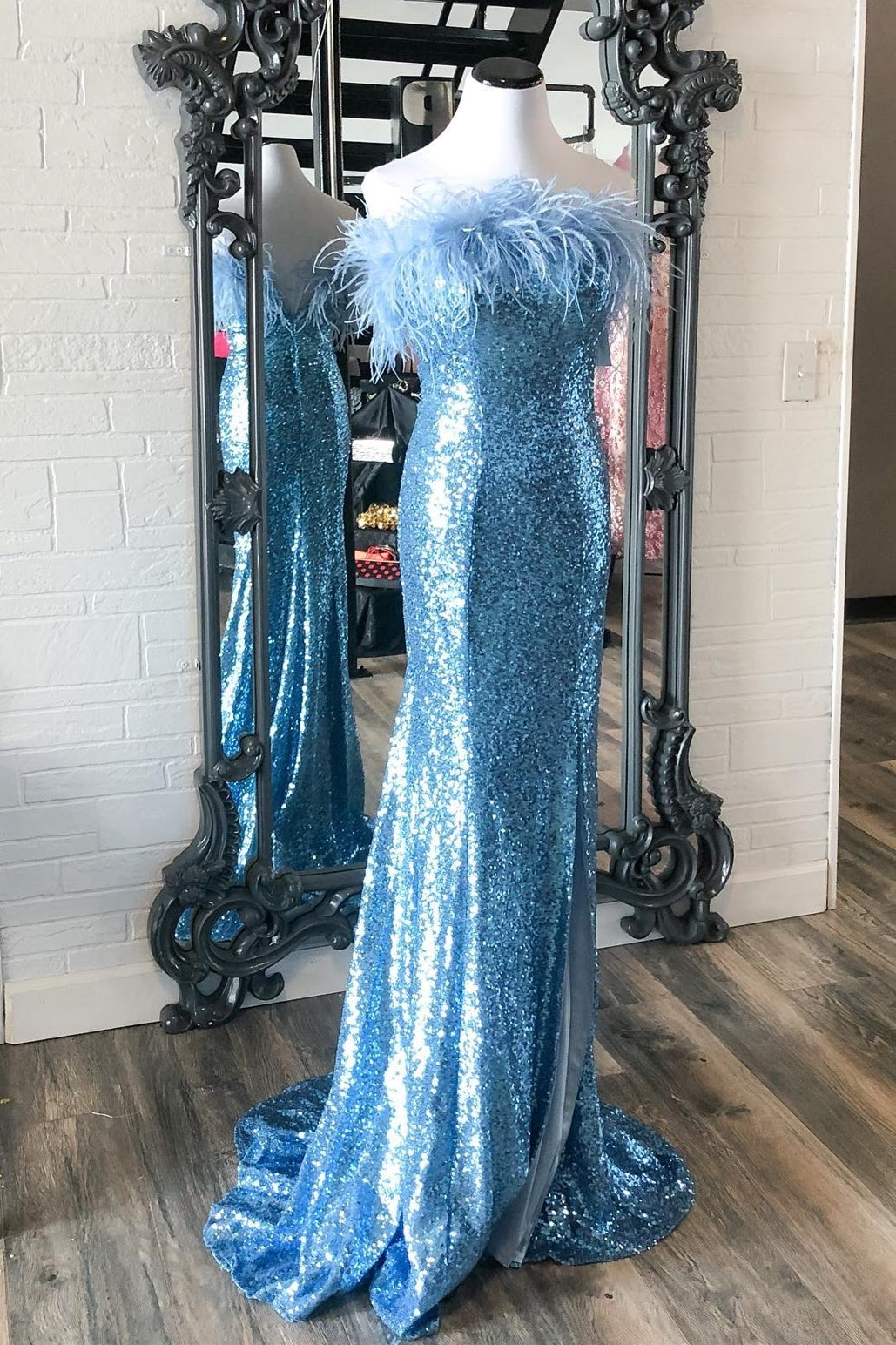 Strapless Fur Light Blue Sequin Mermaid Formal Dress Dressesforparty Strapless Fur Light Blue Sequin Mermaid Formal Dress Dressesforparty