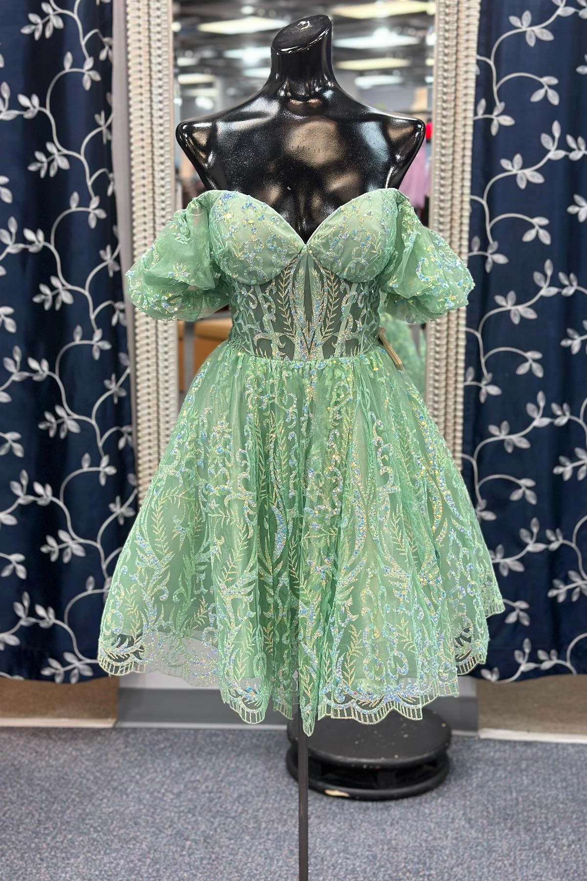 Off the Shoulder Green Sheer Party Dress