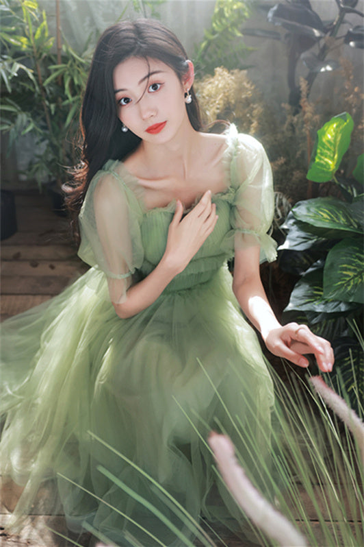 slim fit dress slacks Charming Dark Green Tulle Knee Length Short Sleeves Party Dress, Green –  Cutedressy main image 0