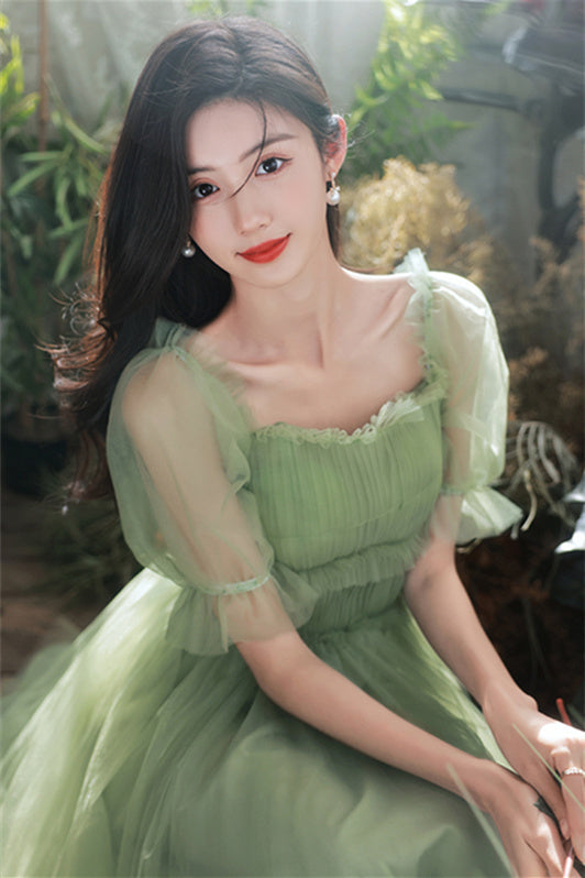 Off the Shoulder Green Tulle Short Sleeves Party Dress