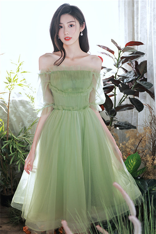 Off the Shoulder Green Tulle Short Sleeves Party Dress