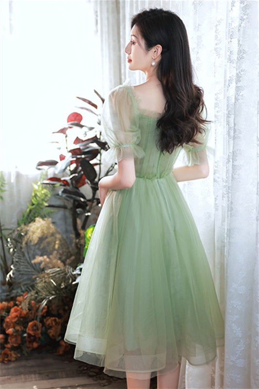 Off the Shoulder Green Tulle Short Sleeves Party Dress