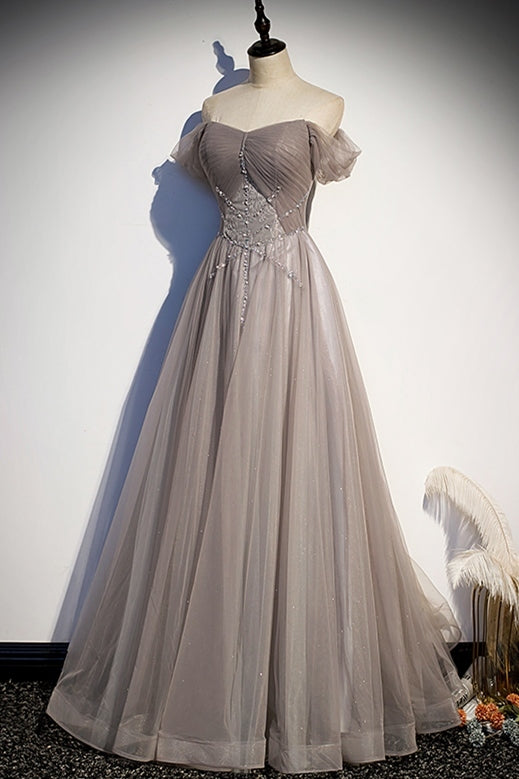 Off the Shoulder Grey Beaded Long Formal Gown 