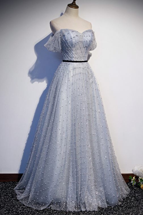 Off the Shoulder Grey Pearls Long Prom Dress