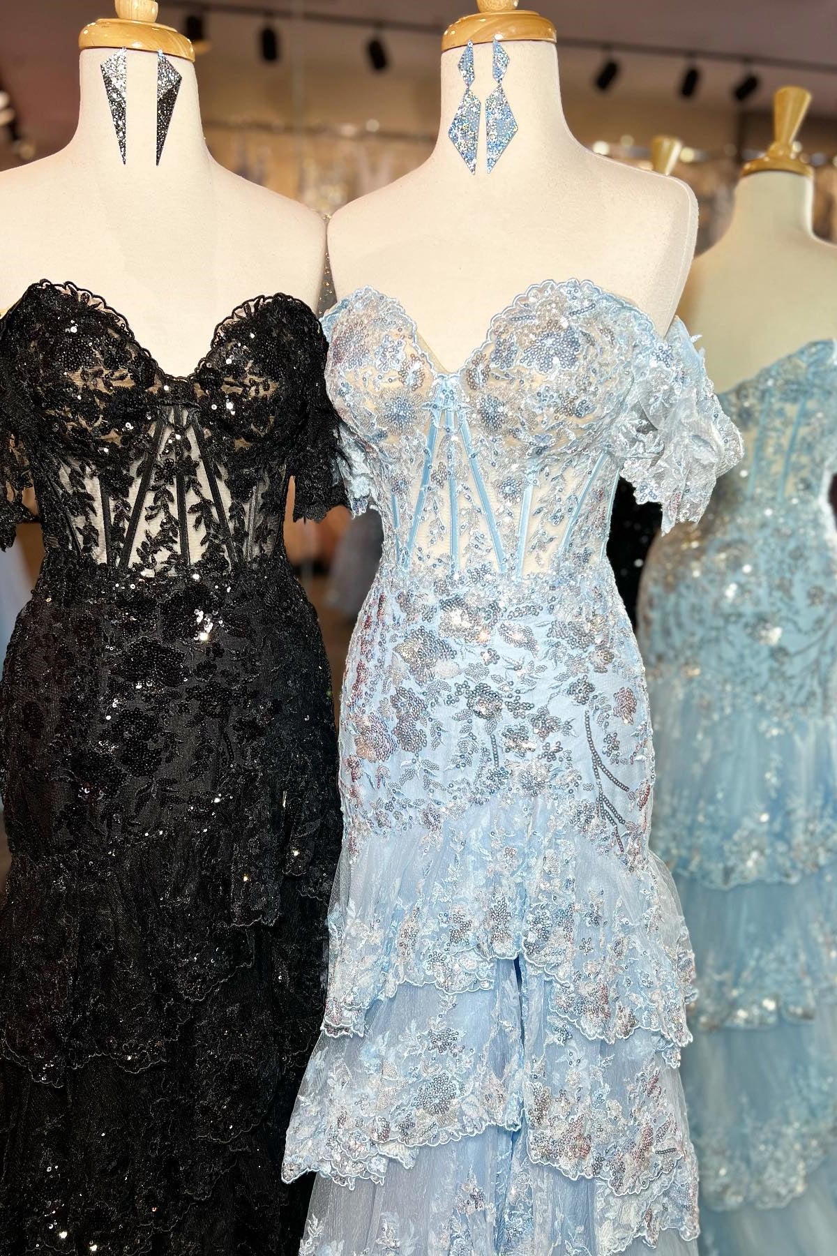 Blue Tulle Appliques Off-the-Shoulder Ruffle Long Prom Dress