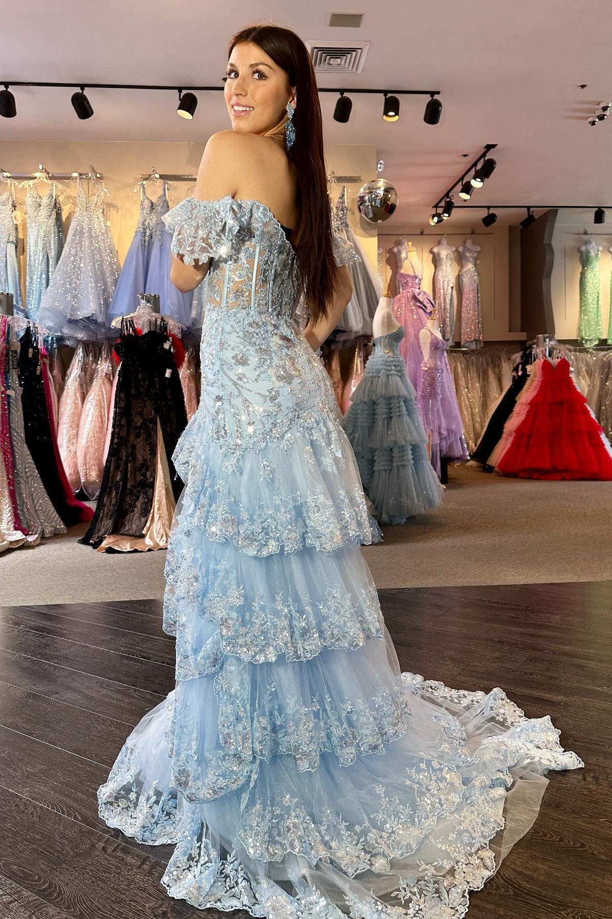 Light Blue Appliques Tiered Ruffle Prom Gown