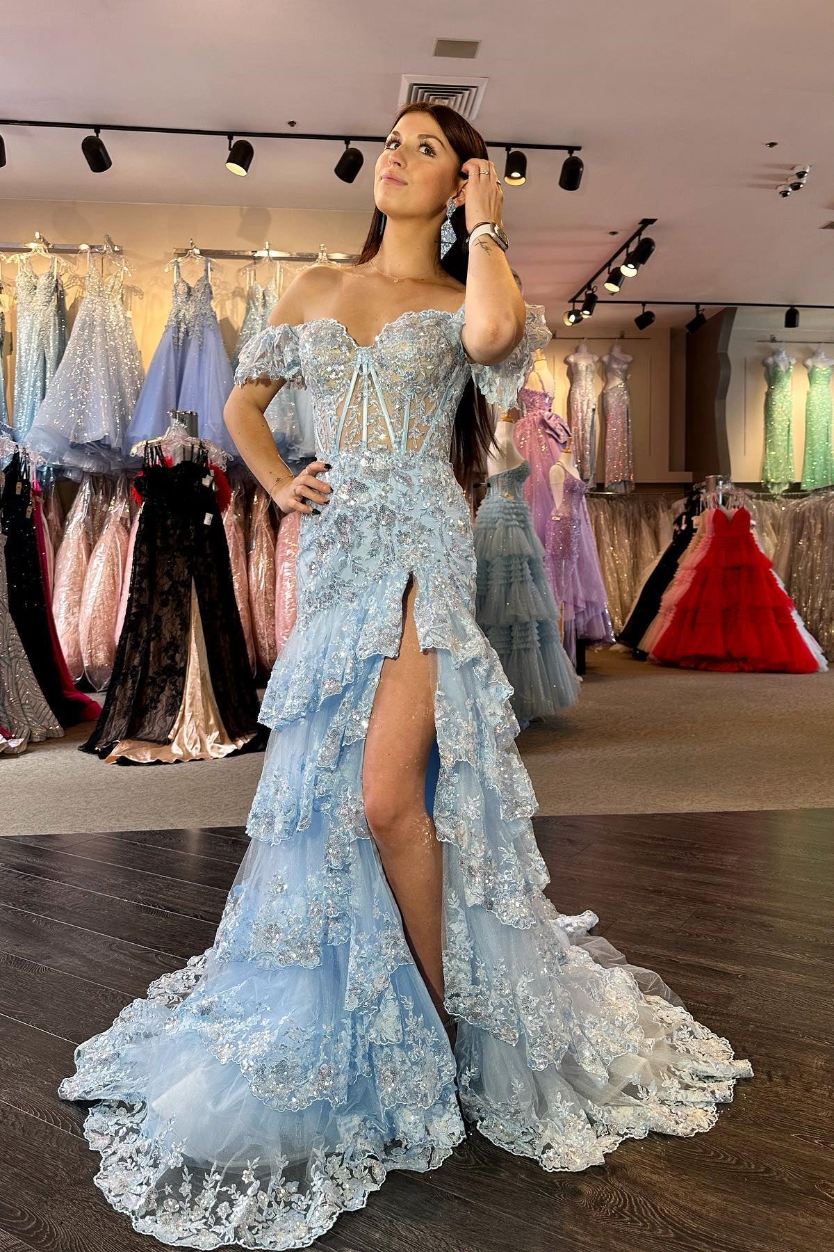 Off the Shoulder Light Blue Appliques Tiered Ruffle Long Prom Dress