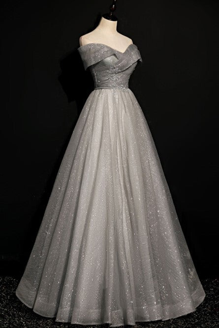 Off the Shoulder Long Grey Evening Dress