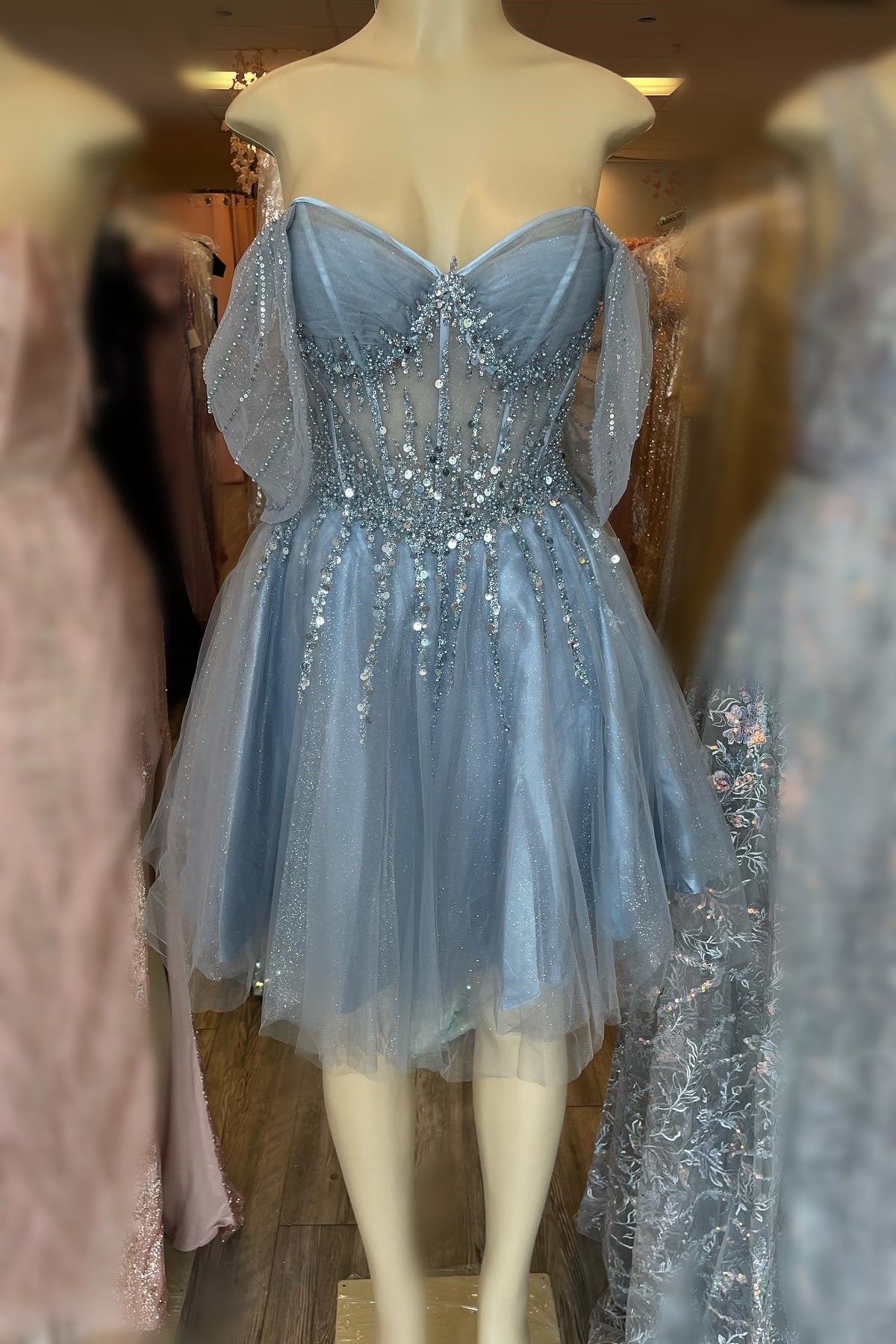 Off the Shoulder Misty Blue Beaded A-line Short Dress